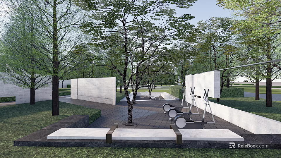 Modern Park Landscape With Green Trees White Walls And Paved Seating Area 3d model 