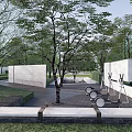 Modern Park Landscape With Green Trees White Walls And Paved Seating Area