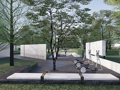 Modern Park Landscape With Green Trees White Walls And Paved Seating Area 3d model