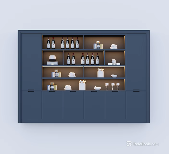 Stylish Dark Blue Wine Cabinet with Multiple Shelves Holding Wine Bottles Glasses and Dishes 3d model 