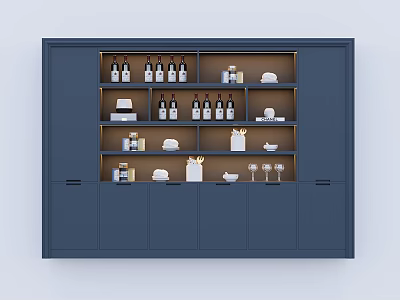 Stylish Dark Blue Wine Cabinet with Multiple Shelves Holding Wine Bottles Glasses and Dishes 3d model