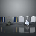 Modern Display Stands With Blue White Panels And Decorative Frames