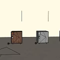 Modern Metal Cabinets One Closed With Geometric Design One Open With Inner Shelves