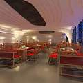 Modern Restaurant Interior With Unique Wave-like Ceiling Red Chairs Bar Counter And Windows