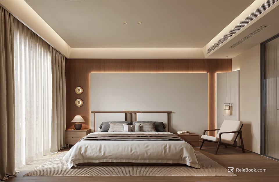 Modern Bedroom Interior With Wooden Headboard Wall Nightstands Table Lamps Accent Chair And Curtains 3d model 