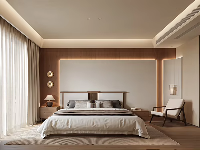 Modern Bedroom Interior With Wooden Headboard Wall Nightstands Table Lamps Accent Chair And Curtains 3d model
