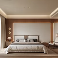 Modern Bedroom Interior With Wooden Headboard Wall Nightstands Table Lamps Accent Chair And Curtains