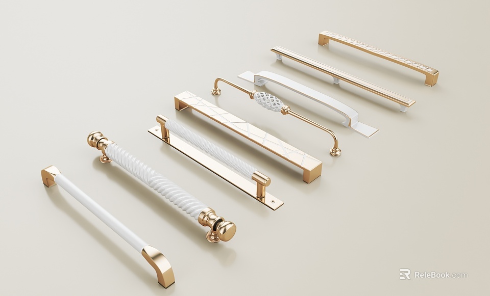 Gold And White Decorative Door Handles With Various Designs For Home Use 3d model 