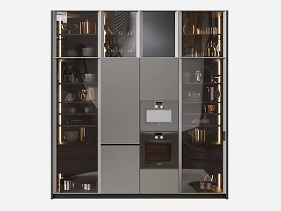 Modern Gray Kitchen Cabinets with Glass Doors LED Lighting and Built in Oven Design 3d model