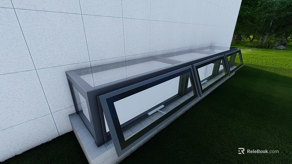 Detached Villa Exterior Featuring White Wall Black Framed Glass Windows And Green Lawn 3d model 