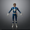 Man Wearing Blue and White Tight Suit With Red Belt White Gloves Diamond Boots