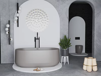 Freestanding Gray Bathtub With White Base Black Faucet Circular Decor And Green Plant 3d model