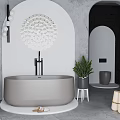 Freestanding Gray Bathtub With White Base Black Faucet Circular Decor And Green Plant