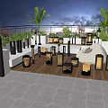 Stylish Rooftop Garden With Lighting Lanterns Palm Trees Wooden Deck And Seating Area