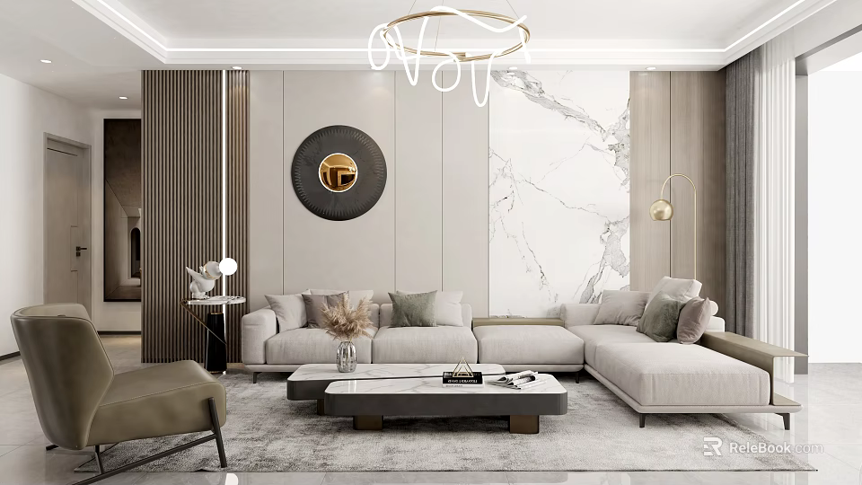 Modern Living And Dining Room Interior With Beige Sofa Coffee Table And Marble Wall 3d model 