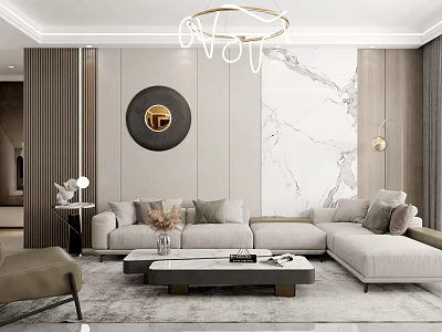 Modern Living And Dining Room Interior With Beige Sofa Coffee Table And Marble Wall 3d model