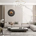 Modern Living And Dining Room Interior With Beige Sofa Coffee Table And Marble Wall