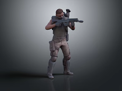 Male Character In Tactical Vest Holding Rifle Standing On Gray Background 3d model