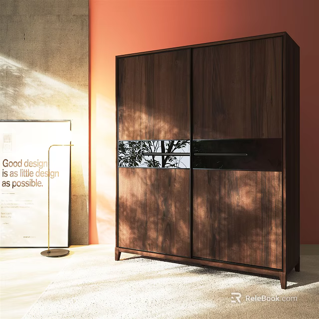 Modern Walnut Wooden Wardrobe With Sliding Doors Glass Panel And Natural Light Tree Shadows 3d model 