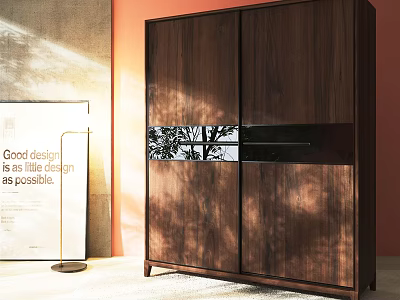 Modern Walnut Wooden Wardrobe With Sliding Doors Glass Panel And Natural Light Tree Shadows 3d model