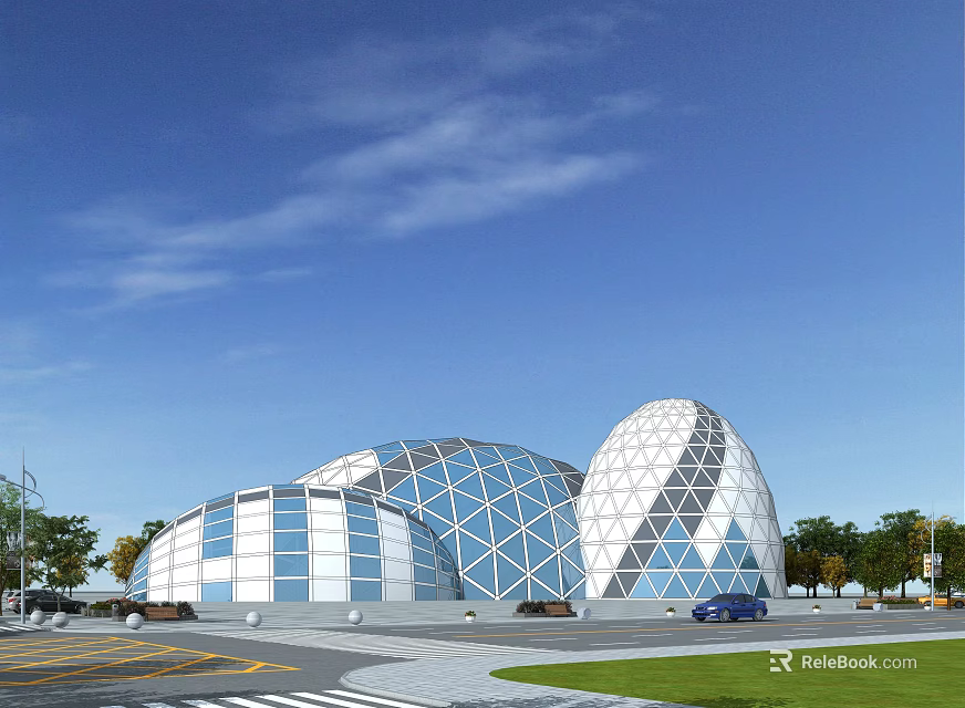 Modern Museum Building With Hemispherical Geometric Glass Metal Structures And Green Lawn Parking Area 3d model 
