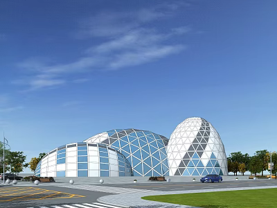 Modern Museum Building With Hemispherical Geometric Glass Metal Structures And Green Lawn Parking Area 3d model