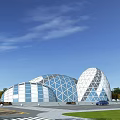 Modern Museum Building With Hemispherical Geometric Glass Metal Structures And Green Lawn Parking Area