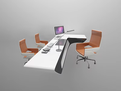 Modern Office Desk With Laptop Desk Lamp Notebooks And Orange Rolling Office Chairs 3d model