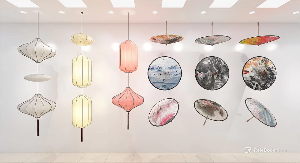 Various Traditional Lanterns With Artistic Patterns Hanging Decoratively On Interior Wall 3d model 