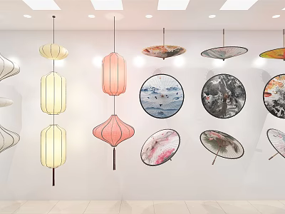 Various Traditional Lanterns With Artistic Patterns Hanging Decoratively On Interior Wall 3d model