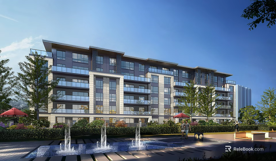 Modern Multi Story Residential Building With Balconies Greenery Fountains And Landscaped Area 3d model 