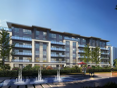 Modern Multi Story Residential Building With Balconies Greenery Fountains And Landscaped Area 3d model