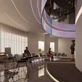 Modern Exhibition Hall Featuring Curved Architectural Design Ambient Lighting Reception Desk And Visitors