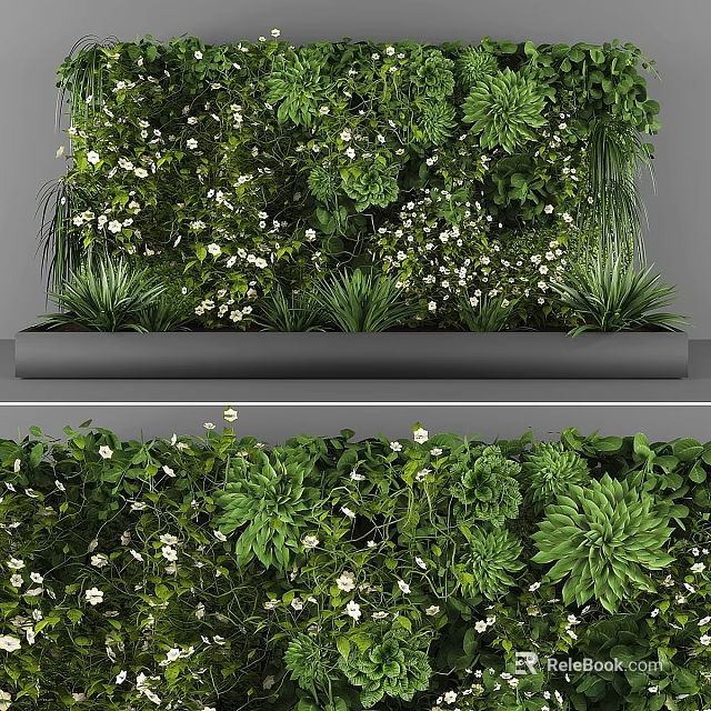 Decorative Plant Arrangement With Green Wall Various Plants White Flowers And Gray Planter 3d model 