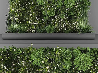 Decorative Plant Arrangement With Green Wall Various Plants White Flowers And Gray Planter 3d model