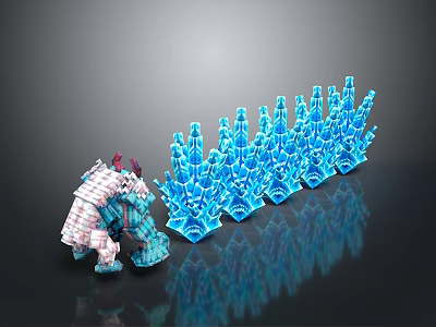 Decorative Ornament Set with Pink White Animal Figurine and Blue Spire Ornaments on Black Surface 3d model