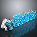 Decorative Ornament Set with Pink White Animal Figurine and Blue Spire Ornaments on Black Surface