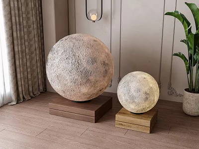 Large And Small Moon Textured Spherical Floor Lamps With Wooden Base In Home Interior 3d model