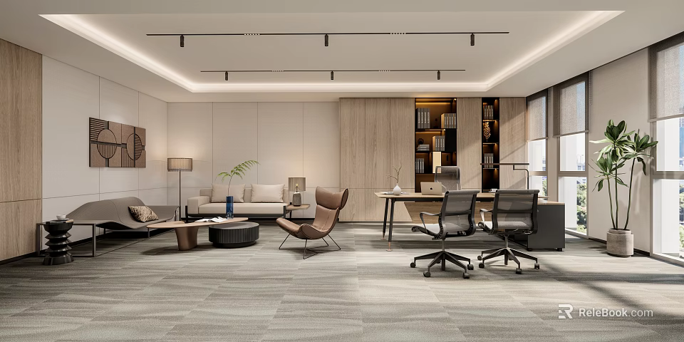 Modern Office Interior With Lounge Sofa Desk Chairs Bookshelf And Potted Plants 3d model 
