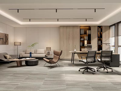 Modern Office Interior With Lounge Sofa Desk Chairs Bookshelf And Potted Plants 3d model