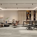 Modern Office Interior With Lounge Sofa Desk Chairs Bookshelf And Potted Plants