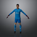 A Man in Blue Sports Uniform with Biggo Logo Wearing Goalkeeper Gloves and Outstretched Arms