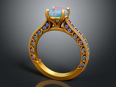 Elegant Gold Ring With Colorful Central Gemstone And Sparkling Side Stones 3d model
