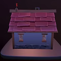 Cartoon Scene of Small House With Red Roof Chimney Small Flag Porch and Wooden Barrel
