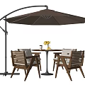 Outdoor Table and Chair Set with Wooden Chairs Round Table Brown Parasol and Flower Vase