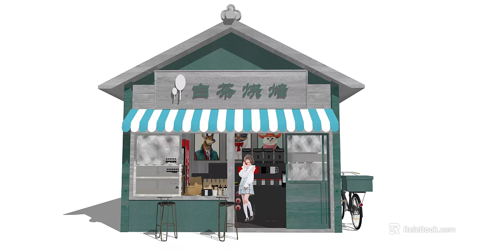 Cozy Dessert Bakeshop with Green Storefront Blue White Striped Awning Outdoor Seating and Bicycle 3d model 