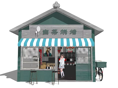 Cozy Dessert Bakeshop with Green Storefront Blue White Striped Awning Outdoor Seating and Bicycle 3d model