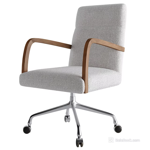 Stylish Comfortable Light Gray Fabric Office Chair With Wooden Armrests And Swivel Rolling Chrome Base 3d model 