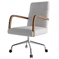 Stylish Comfortable Light Gray Fabric Office Chair With Wooden Armrests And Swivel Rolling Chrome Base
