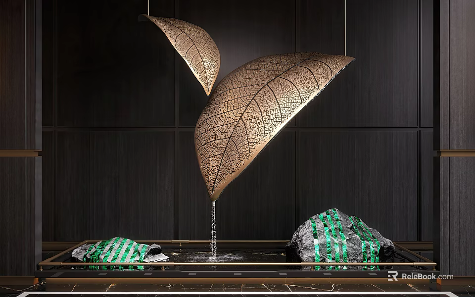 Elegant Water Fountain with Golden Leaf Shaped Structures and Green Striped Decor on Dark Background 3d model 